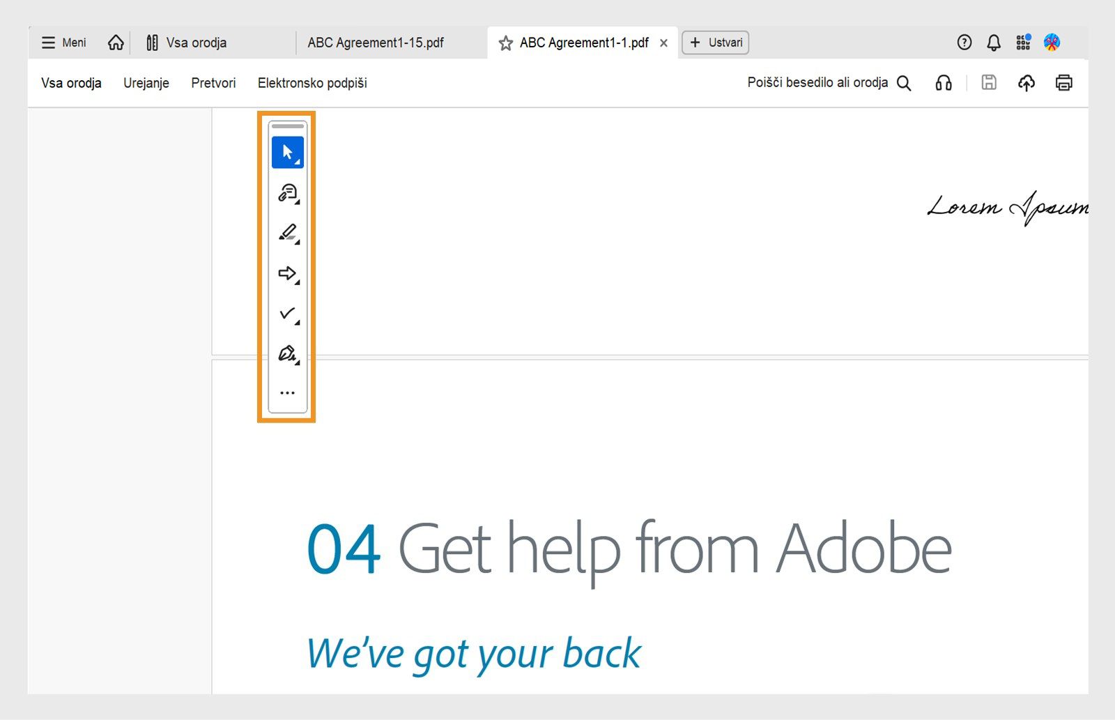 Orodna vrstica za hitre ukrepe prikazuje orodja za izbiranje ali premikanje, dodajanje komentarjev, označevanje, risanje, izpolnjevanje obrazcev in podpisovanje.
