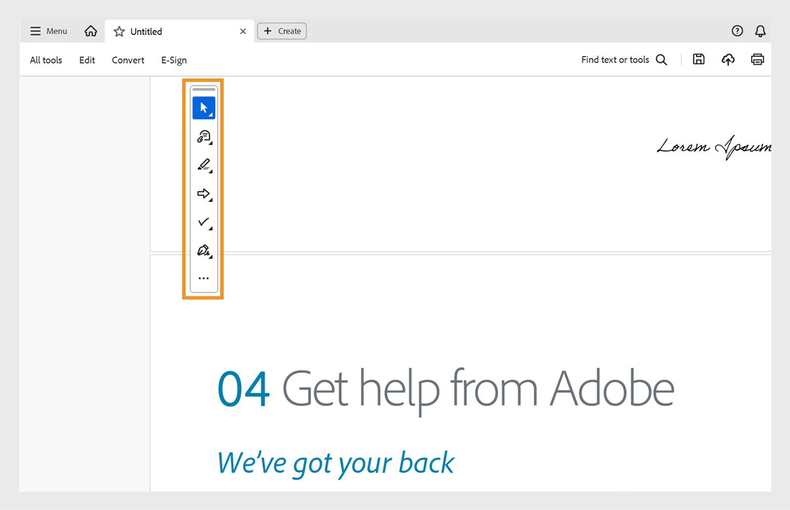 סרגל הכלים Quick action מציג את הכלים Select או Pan, ‏Add comment, ‏Highlight, ‏Draw, ‏Fill in forms ו-Sign.
