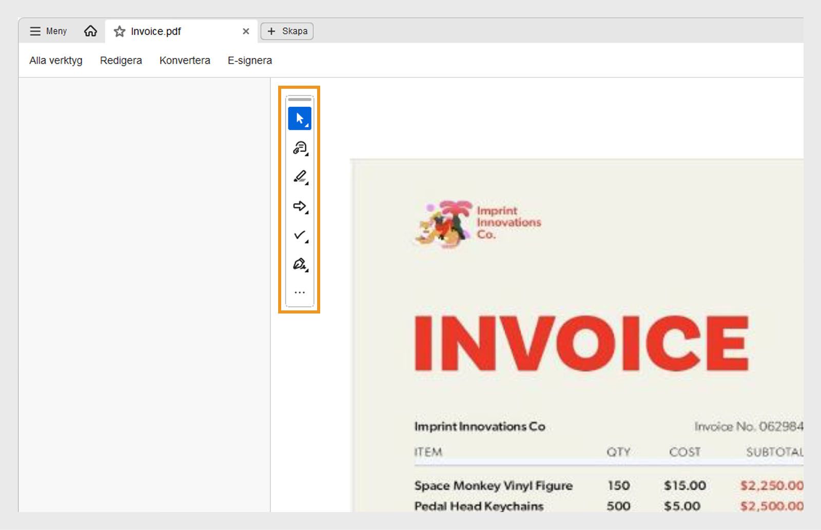 Verktygsfältet Snabbåtgärder visar verktyg för att välja eller panorera, lägga till kommentar, markera, rita, fylla i formulär och signera.