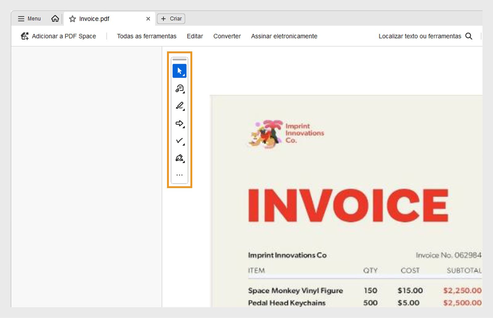 A Barra de ferramentas de ação rápida exibe as ferramentas selecionar ou Mover, Adicionar Comentário, Destacar, Desenhar, Preencher formulários e Assinar.