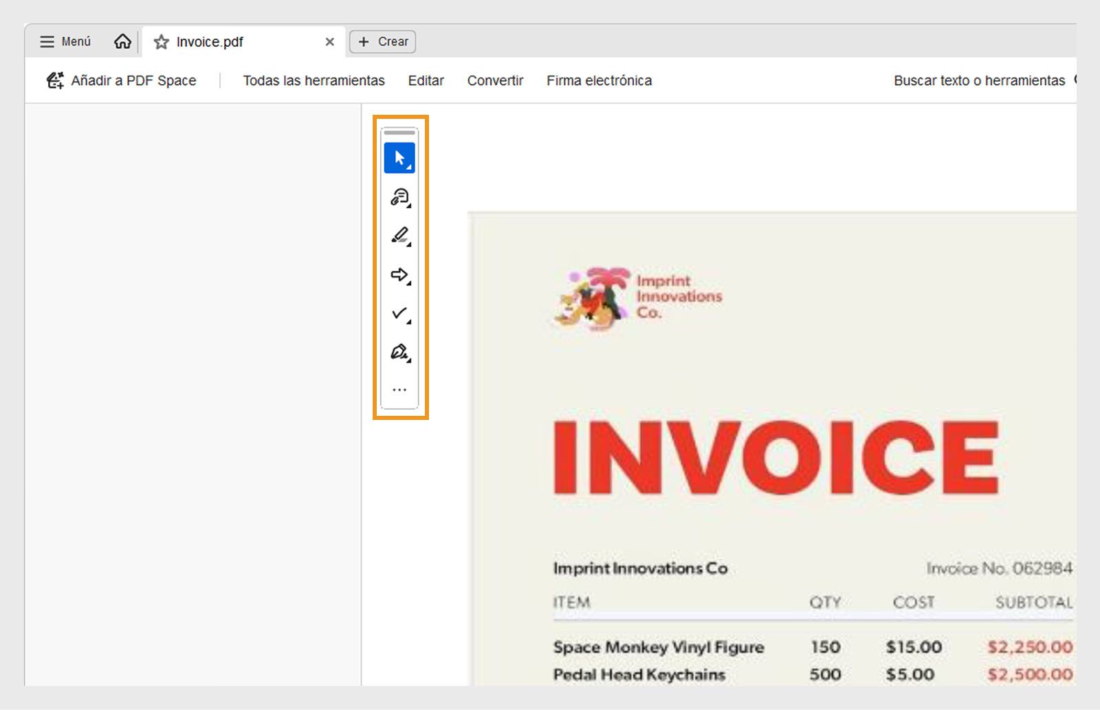 La barra de herramientas de acción rápida muestra las herramientas Seleccionar o Panorámica, Añadir comentario, Resaltar, Dibujar, Rellenar formularios y Firmar.