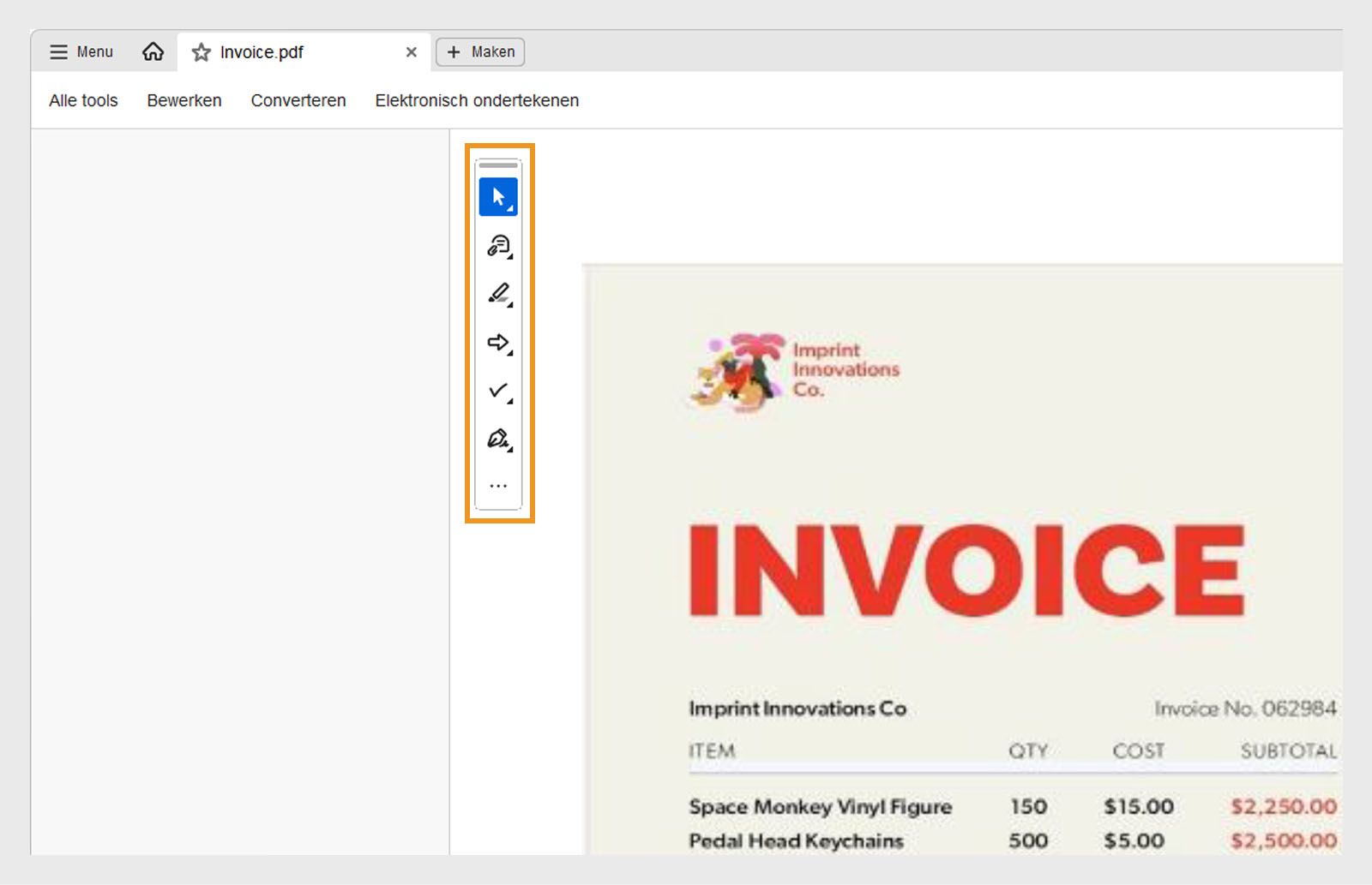 De werkbalk voor snelle acties toont de tools Selecteren of Pannen, Opmerking toevoegen, Markeren, Tekenen, Formulieren invullen en Ondertekenen.