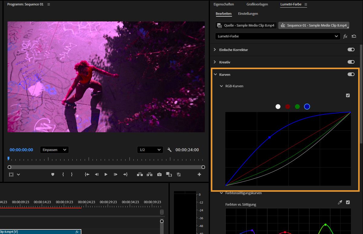 Die RGB-Kurven im Bedienfeld Lumetri-Farbe werden angepasst, um die Luminanz und Tonwertbereiche mithilfe von Kontrollpunkten zu modifizieren.
