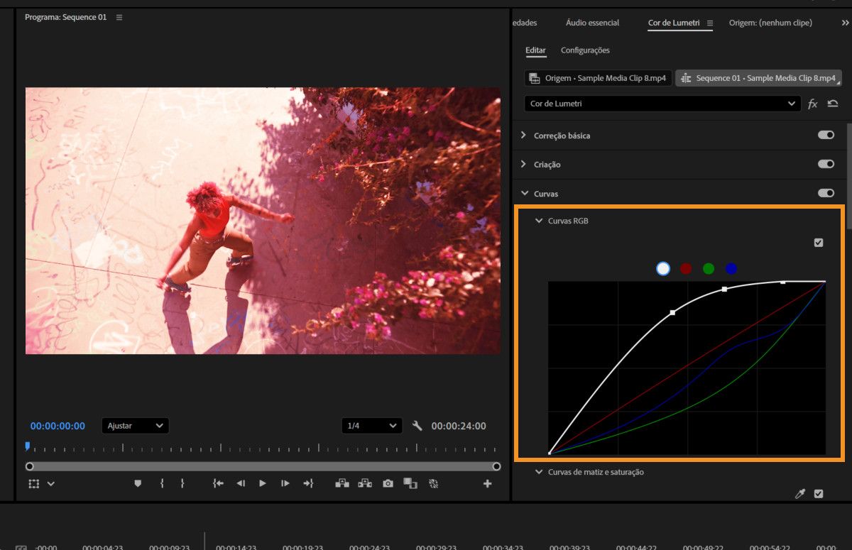 As Curvas RGB no painel Cor Lumetri são ajustadas para modificar a luma e as faixas tonais usando pontos de controle.