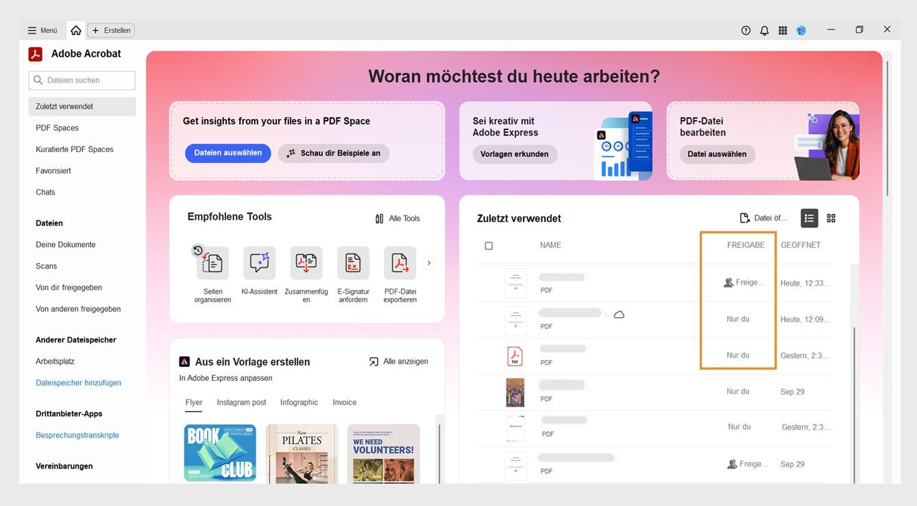 Der Bereich „Zuletzt verwendet&quot; in der Startansicht zeigt eine Liste der zuletzt verwendeten PDF-Dateien mit ihrem Namen, Freigabestatus und den Informationen zum letzten Öffnen im mittleren Bereich.