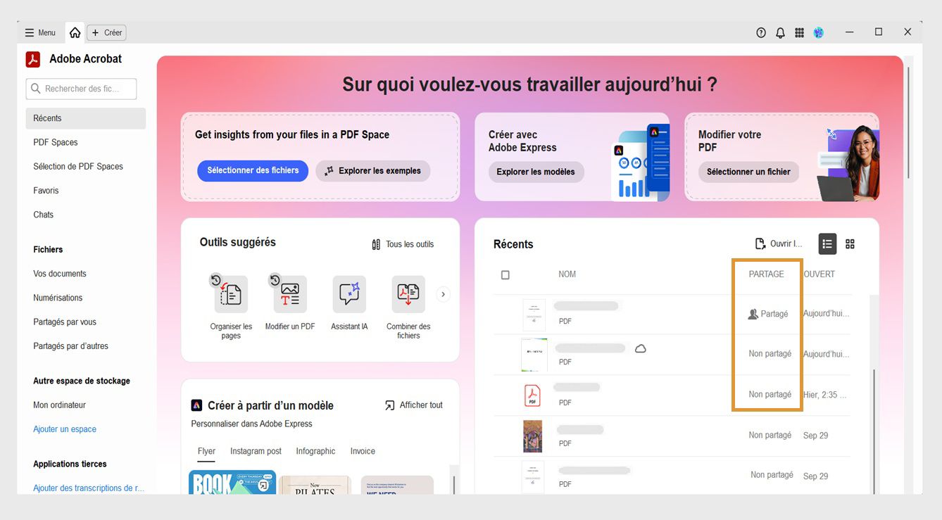 La section Récents dans la vue d'accueil affiche une liste des fichiers PDF récents, avec leur nom, leur statut de partage et les informations de dernière ouverture dans le volet central.
