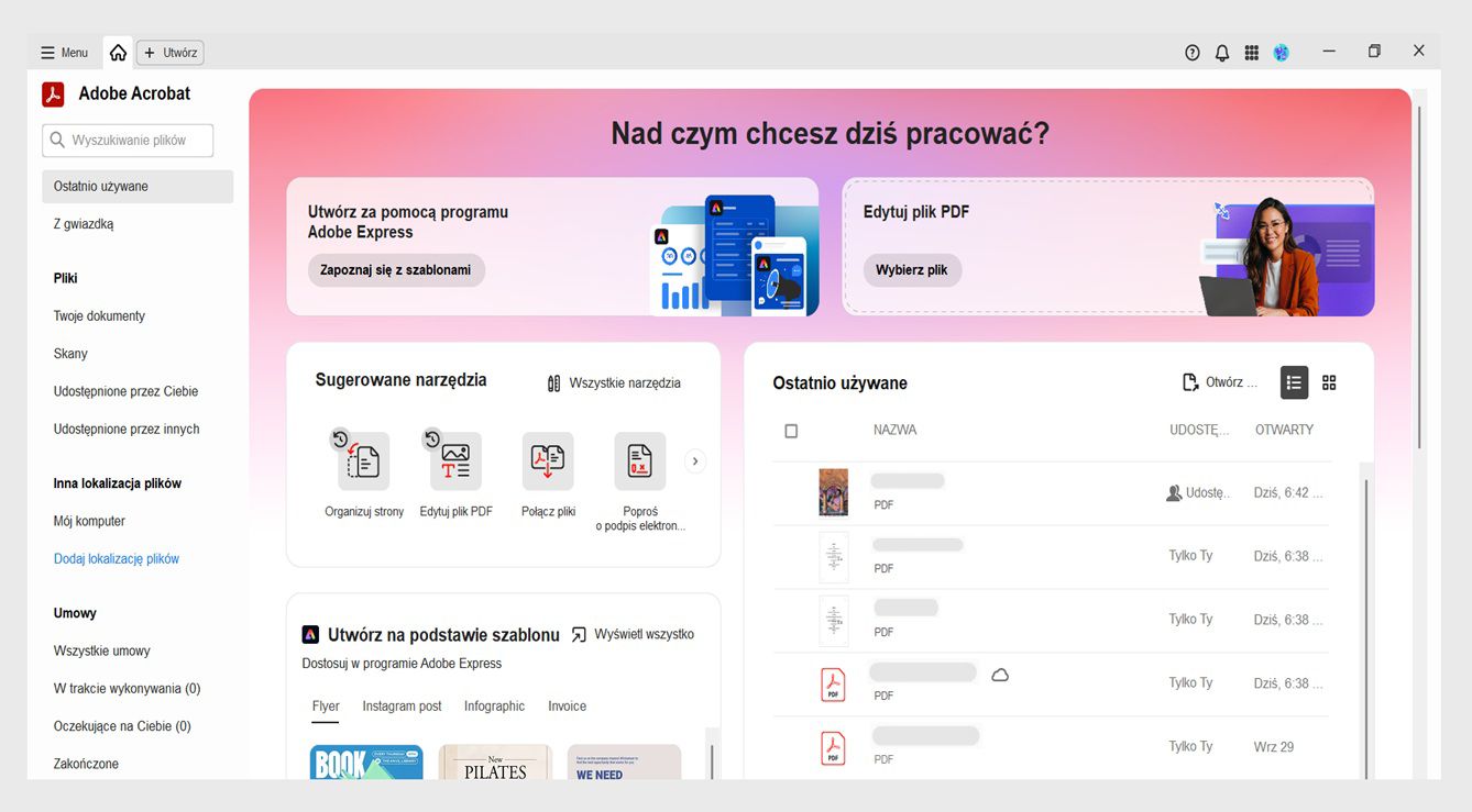 Sekcja Ostatnio używane w widoku Strona główna pokazuje listę ostatnio używanych plików PDF wraz z ich nazwą, stanem udostępniania i informacją o ostatnim otwarciu w środkowym panelu.