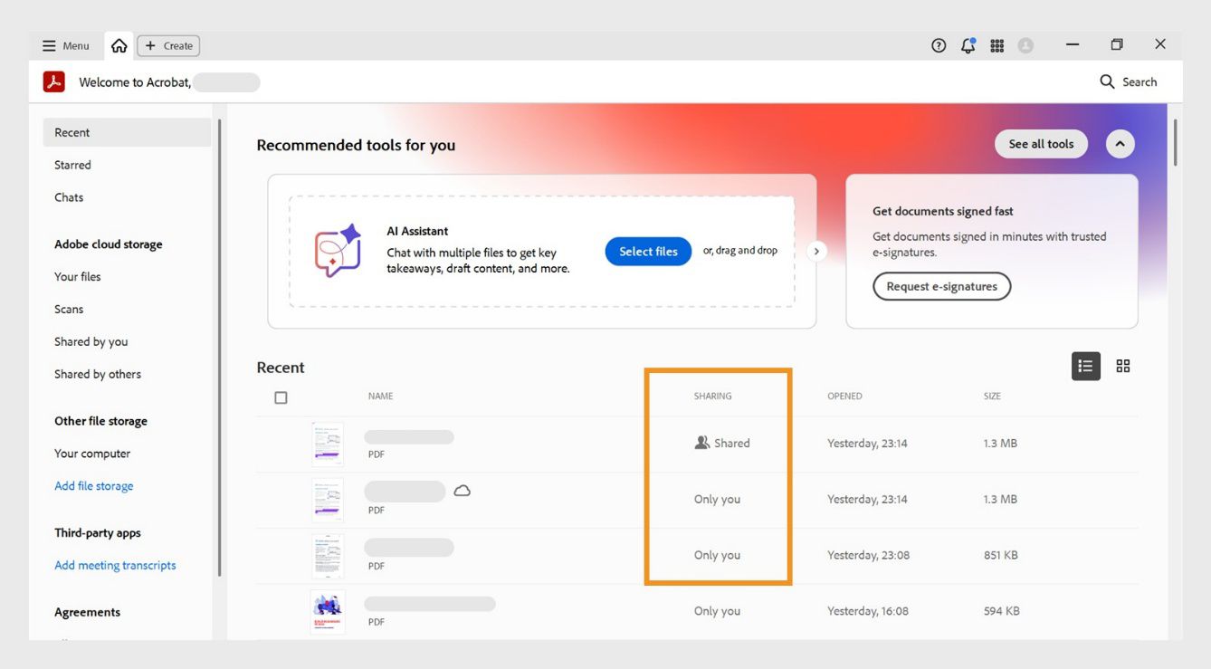Ang seksiyong Recent sa Home view ay nagpapakita ng listahan ng mga kamakailang PDF file, kasama ang kanilang Pangalan, status ng Pagbabahagi, at impormasyon tungkol sa Last Opened sa gitnang pane.
