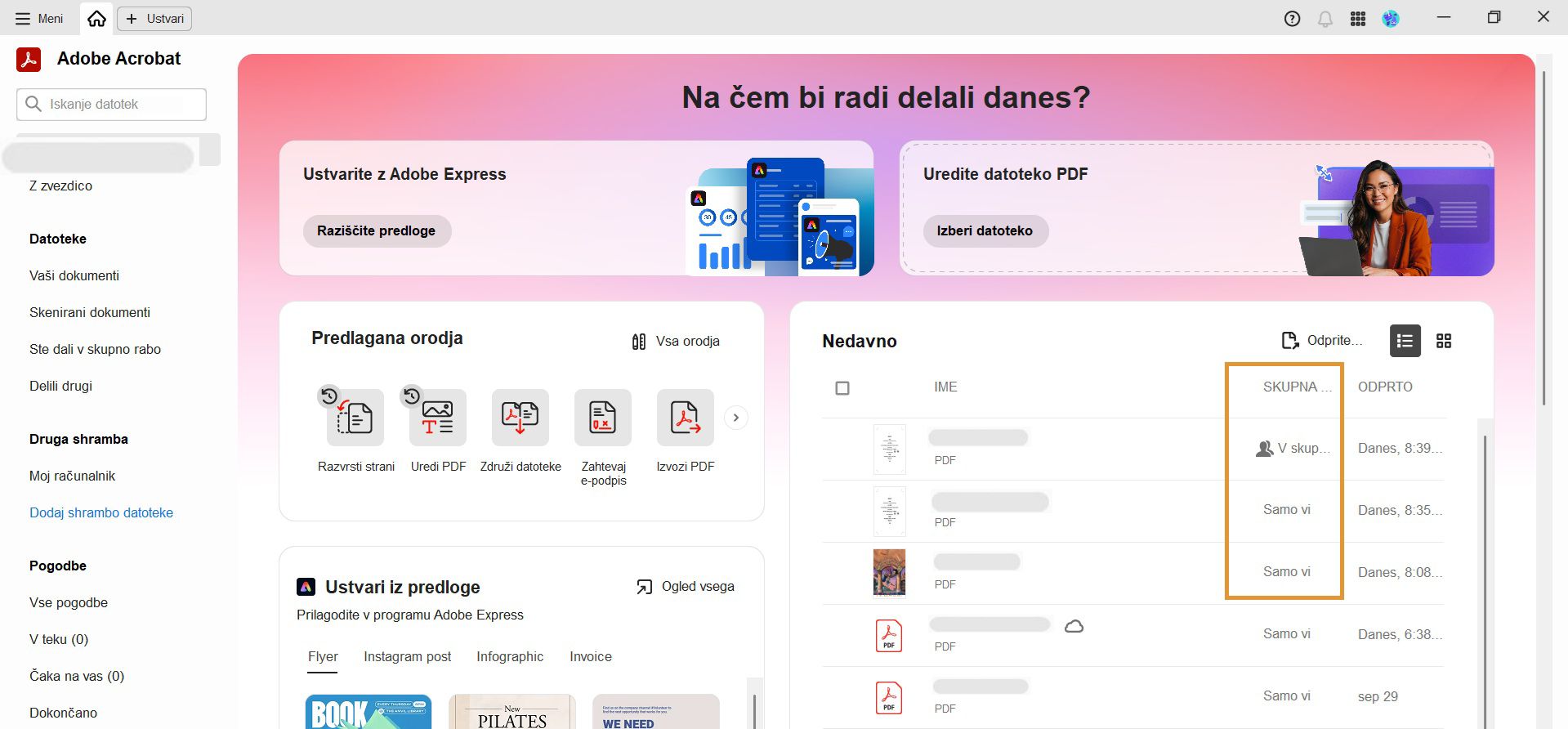 Razdelek »Nedavno« v pogledu »Domov« prikazuje seznam nedavnih datotek PDF z imenom, stanjem deljenja in informacijami o zadnjem odpiranju v osrednjem podoknu.