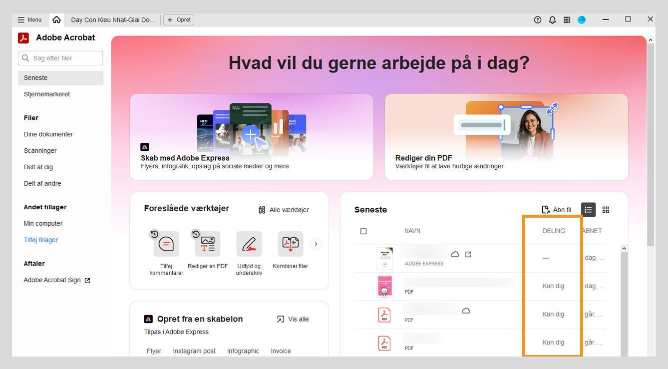 Afsnittet Seneste i startvisningen viser en liste over de seneste PDF-filer sammen med deres navn, delingsstatus og oplysninger om sidste åbning i midterpanelet.