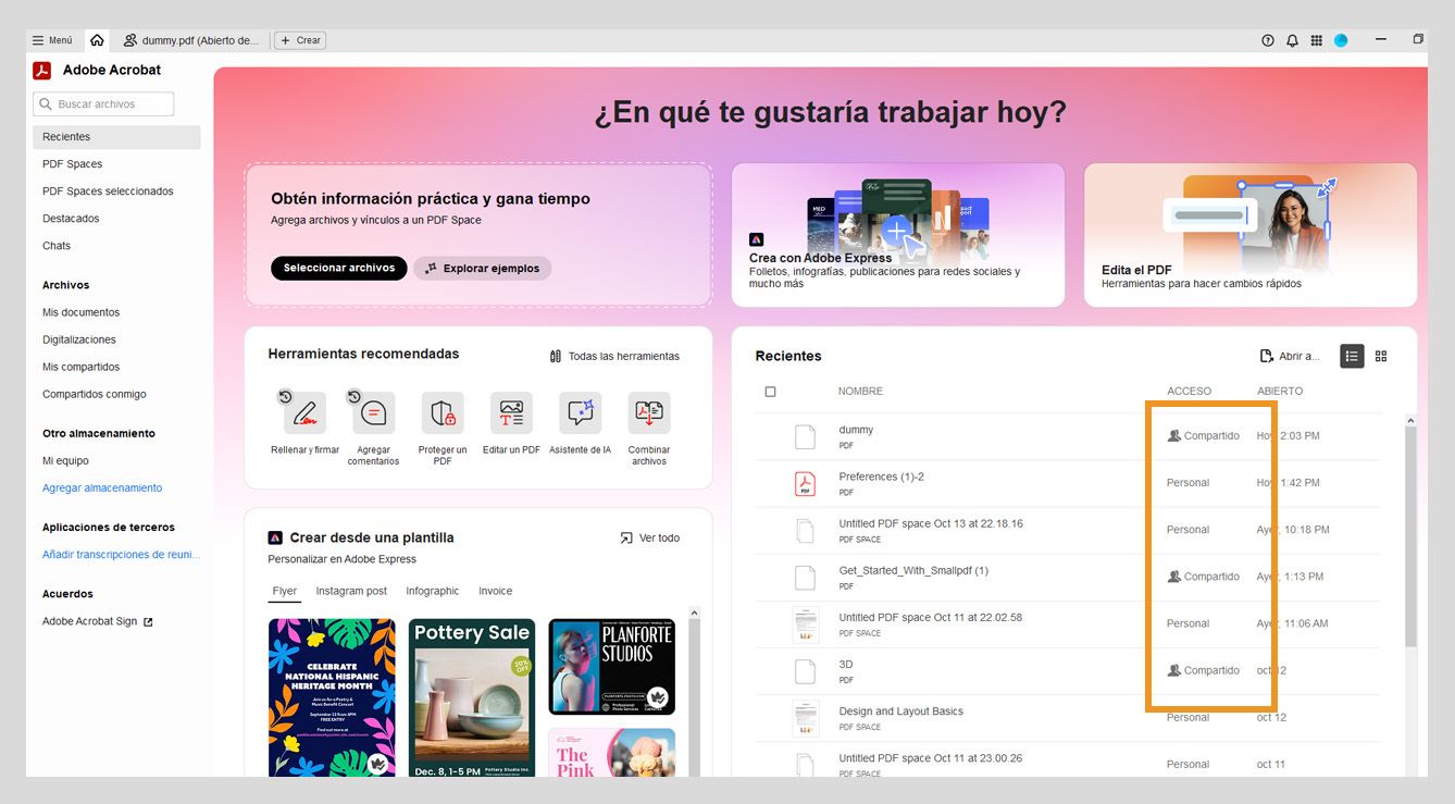 La sección Recientes en la vista Inicio muestra una lista de archivos PDF recientes, junto con su nombre, estado de uso compartido y la información de Última apertura en el panel central.