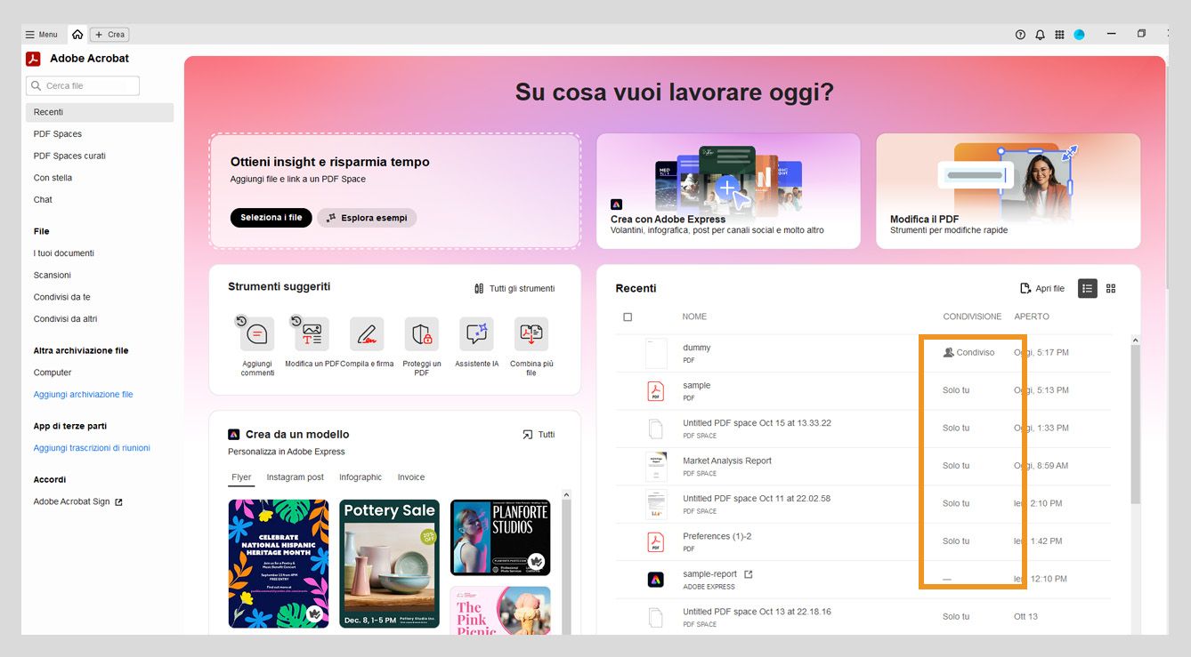 La sezione Recenti nella vista Home mostra un elenco di file PDF recenti, con il relativo nome, lo stato di condivisione e le informazioni sull’ultima apertura nel riquadro centrale.
