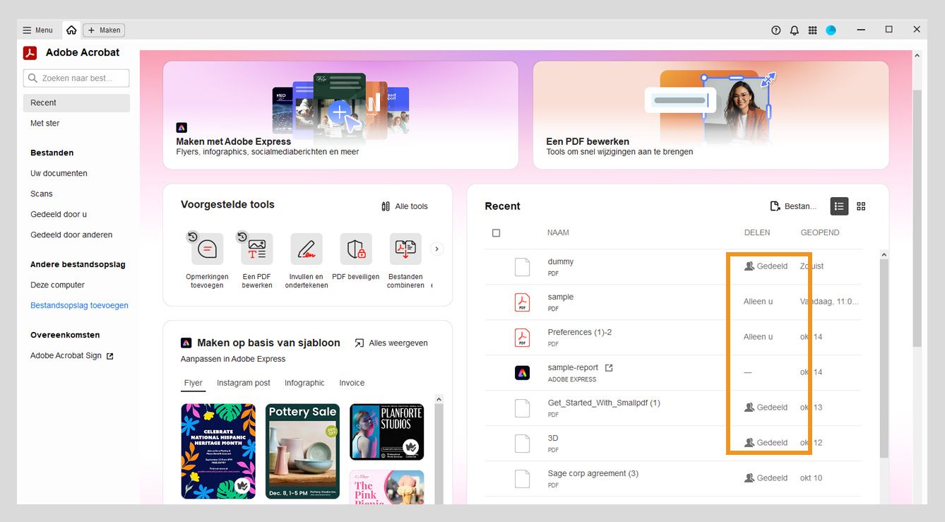 In het gedeelte Recent in de weergave startpagina ziet u een lijst met recente PDF-bestanden, samen met hun naam, deelstatus en informatie over wanneer ze voor het laatst zijn geopend in het middelste deelvenster.