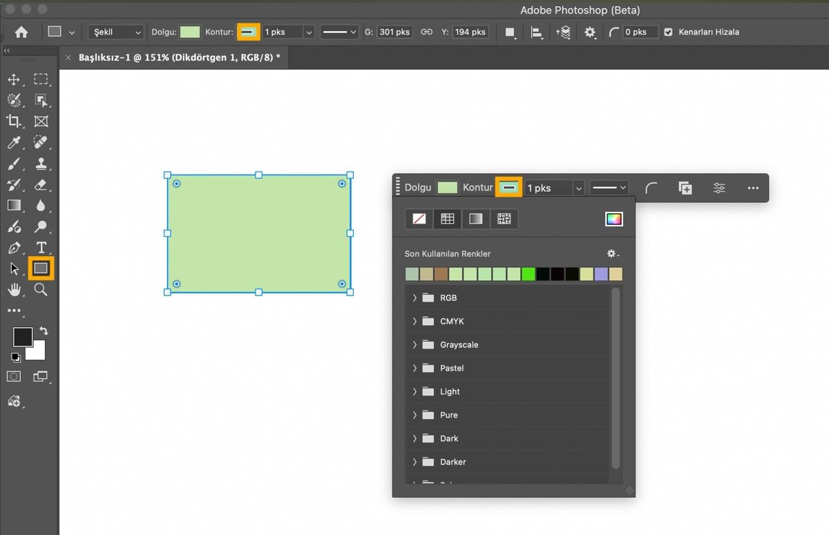 Araçlar panelinde Dikdörtgen aracı vurgulanmış ve tuvale bir dikdörtgen çizilmiş. Dolgu açılır menüsünü gösteren Bağlamsal Görev Çubuğu mevcut.