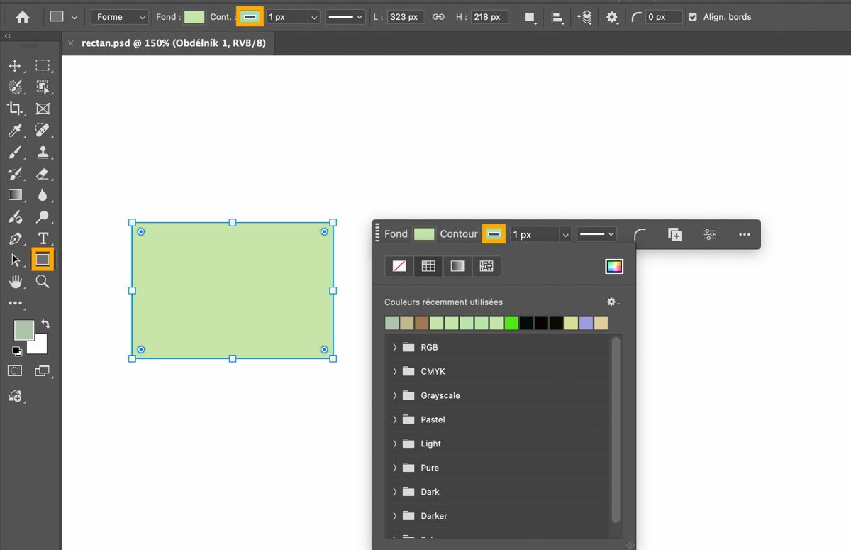L’outil Rectangle est mis en surbrillance dans le panneau Outils, et un rectangle est dessiné sur la zone de travail. La barre des tâches contextuelle est présente, affichant le menu déroulant Fond.