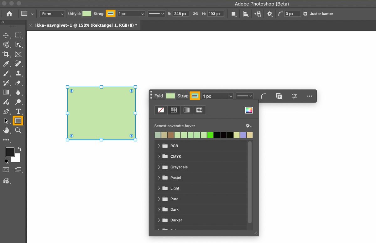 Rektangelværktøjet er fremhævet i Værktøjspanelet, og et rektangel er tegnet på lærredet.Den kontekstafhængige proceslinje er til stede og viser rullemenuen Udfyldning.