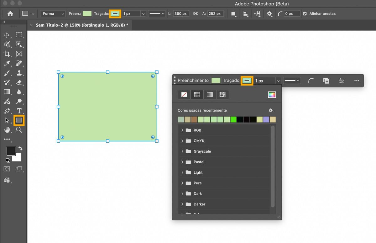 A ferramenta Retângulo está destacada no painel Ferramentas, e um retângulo é desenhado na tela. A barra de ttarefas Contextual está exibida, mostrando o menu suspenso Preenchimento.