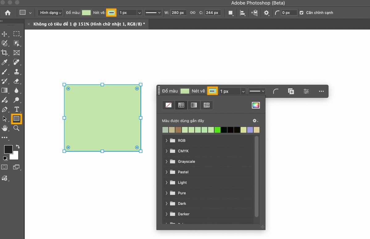 Công cụ Vẽ hình chữ nhật được làm nổi bật trong bảng Công cụ và một hình chữ nhật được vẽ trên canvas. Thanh tác vụ theo ngữ cảnh đang mở, hiển thị menu thả xuống Đổ màu.