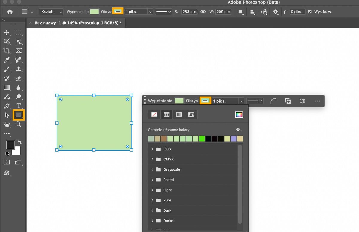 Narzędzie Prostokąt podświetlone w panelu Narzędzia. Na obszarze roboczym narysowano jest prostokąt.Jest wyświetlany kontekstowy pasek zadań z menu rozwijanym Wypełnienie.