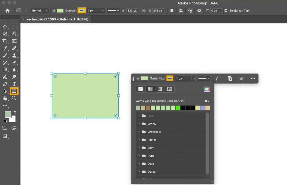 Alat Persegi Panjang disorot di panel Alat, dan persegi panjang digambar di kanvas.Bar Tugas Kontekstual ditampilkan, menunjukkan menu tarik-turun Isian.