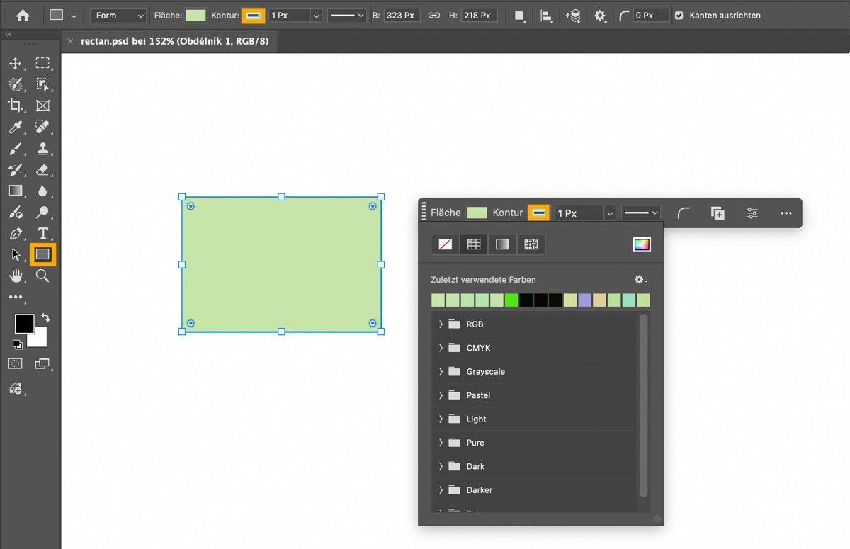 Das Rechteck-Tool ist im Tools-Bedienfeld hervorgehoben und ein Rechteck ist auf der Arbeitsfläche gezeichnet.Die kontextbezogene Taskleiste ist vorhanden und zeigt das Dropdown-Menü „Füllung“.