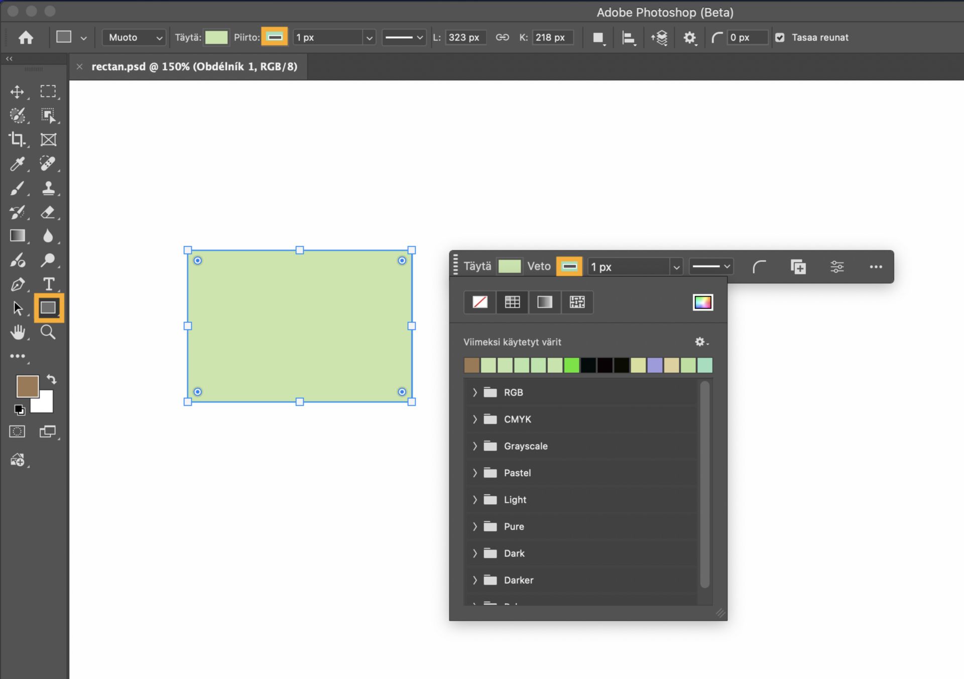 Suorakulmiotyökalu näkyy korostettuna Työkalut-paneelissa, ja suorakulmio on piirretty piirtoalueelle. Kontekstuaalisessa tehtäväpalkissa näkyy avattava Täyttö-valikko.