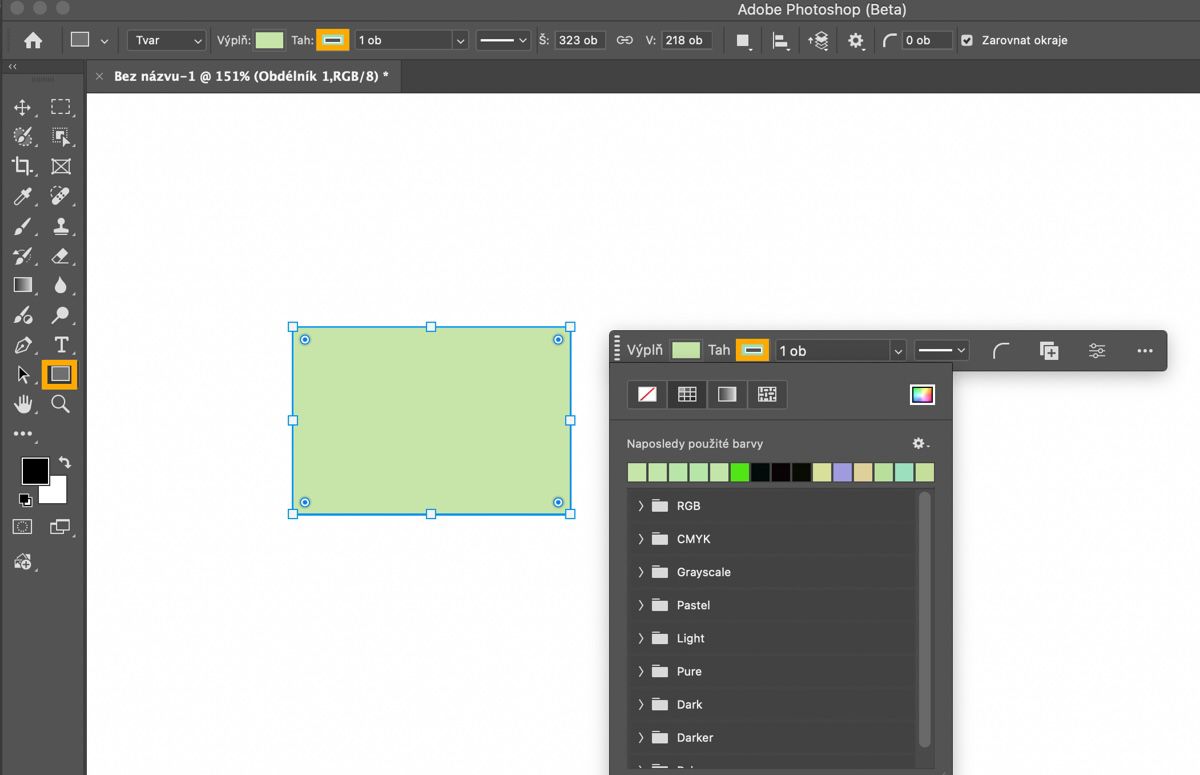 Nástroj Obdélník je zvýrazněn v panelu Nástroje a na plátně je nakreslen obdélník.Je zobrazen Kontextový panel úloh s rozbalovací nabídkou Výplň.