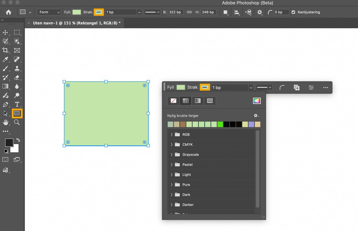 Rektangelverktøyet er uthevet i Verktøy-panelet, og et rektangel er tegnet på lerretet.Kontekstavhengig oppgavelinje vises og viser Fyll-rullegardinmenyen.