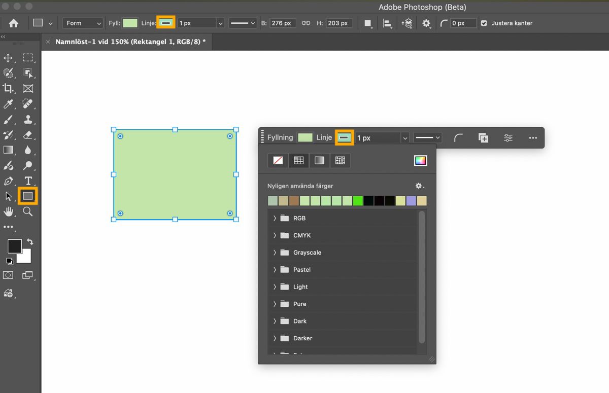 Rektangelverktyget är markerat i Tools panel, och en rektangel är ritad på arbetsytan.Contextual Task Bar visas med menyn för fyllning utfälld.