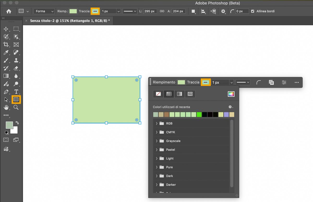 Lo strumento Rettangolo è evidenziato nel pannello Strumenti e un rettangolo è disegnato sull'area di lavoro.La Barra delle attività contestuale è presente e mostra il menu a discesa Riempimento.