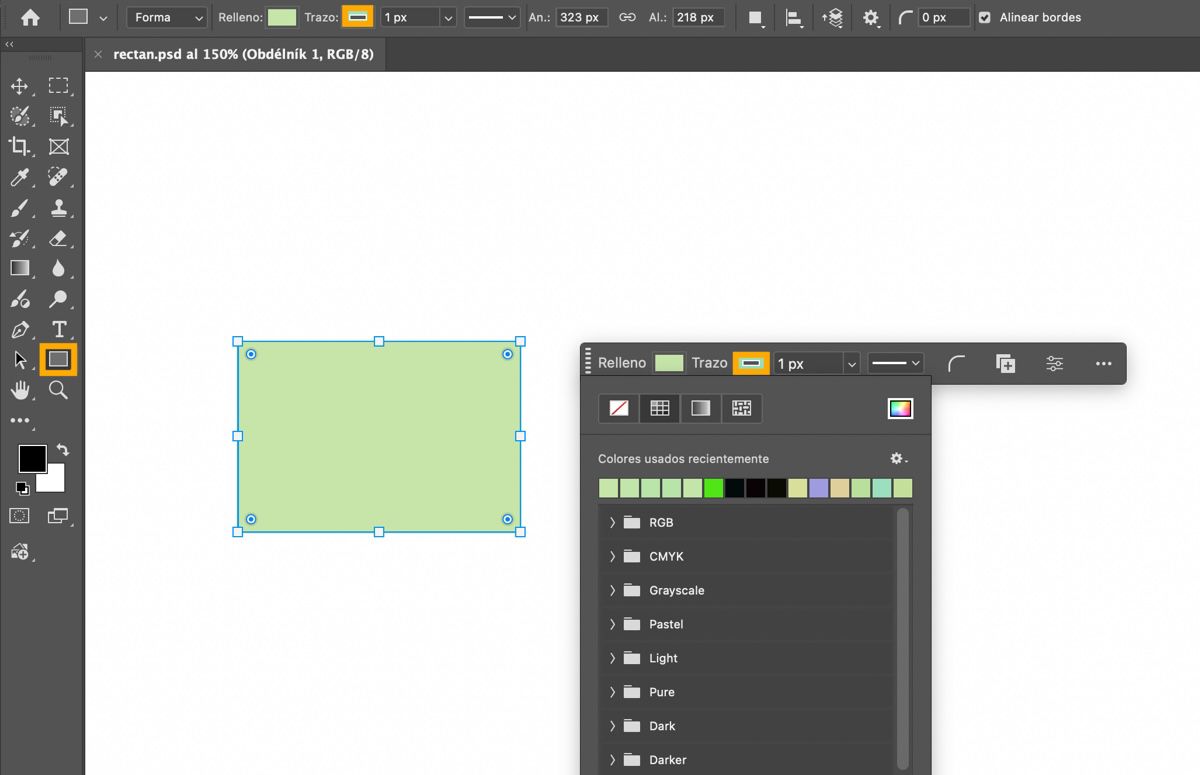 La herramienta Rectángulo está resaltada en el panel Tools, y se dibuja un rectángulo en el lienzo.La Barra de tareas contextual está presente, mostrando el menú desplegable de Relleno.