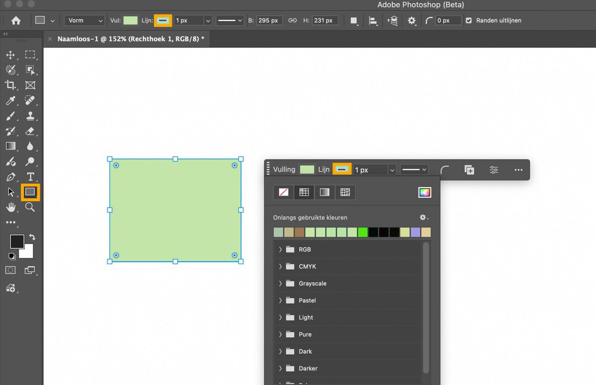 De Rechthoek-tool is gemarkeerd in het Tools-paneel en er is een rechthoek getekend op het canvas.De Contextuele Taakbalk is aanwezig en toont het Vulling-vervolgkeuzemenu.