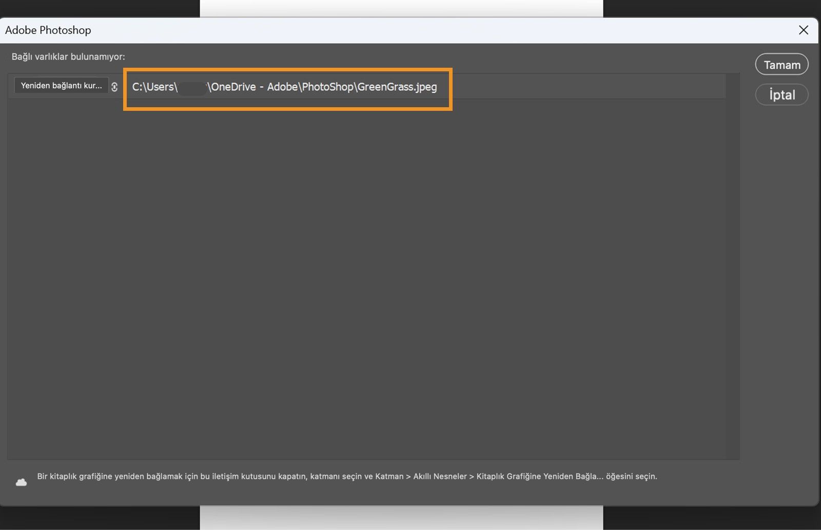 Yeniden Bağlantı iletişim kutusunda, eksik dosyanın son bilinen yolu Yeniden Bağla, Tamam ve İptal seçenekleriyle birlikte görüntülenir.