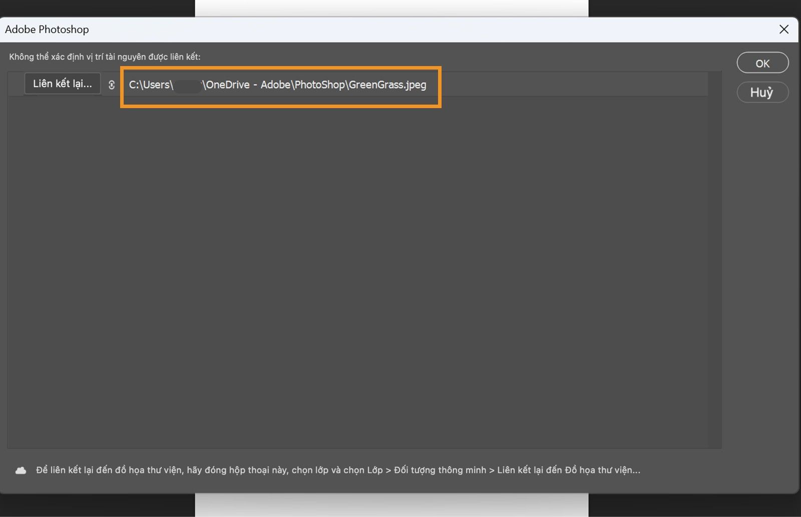 Hộp thoại Liên kết lại hiển thị đường path đã biết gần nhất của tập tin bị mất với các tùy chọn hiển thị Liên kết lại, OK và Hủy.