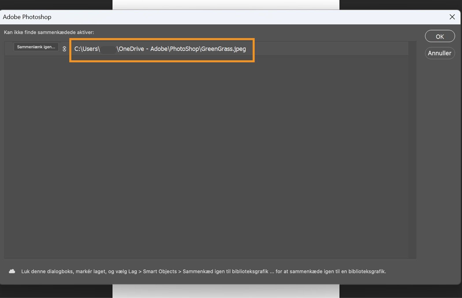 Dialogboksen Sammenkæd igen viser den manglende fils sidst kendte sti med synlige muligheder for Sammenkæd igen, OK og Annuller.