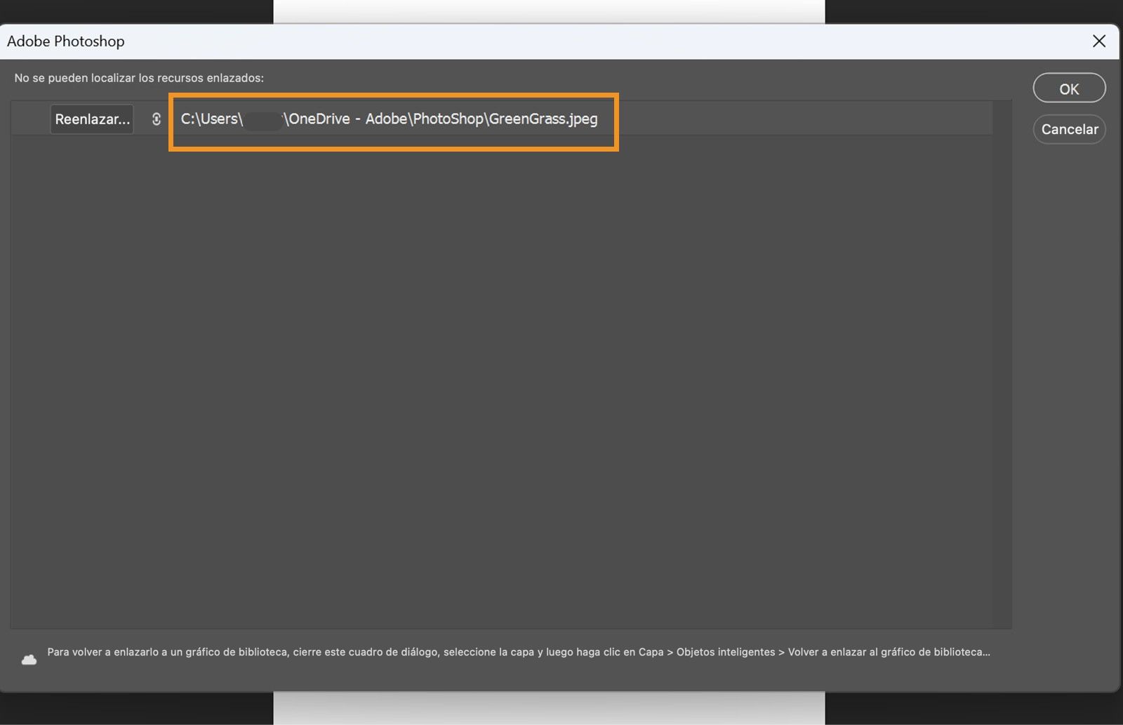 El cuadro de diálogo Volver a vincular muestra la última ruta conocida del archivo faltante con las options de Volver a vincular, Aceptar y Cancelar visibles.