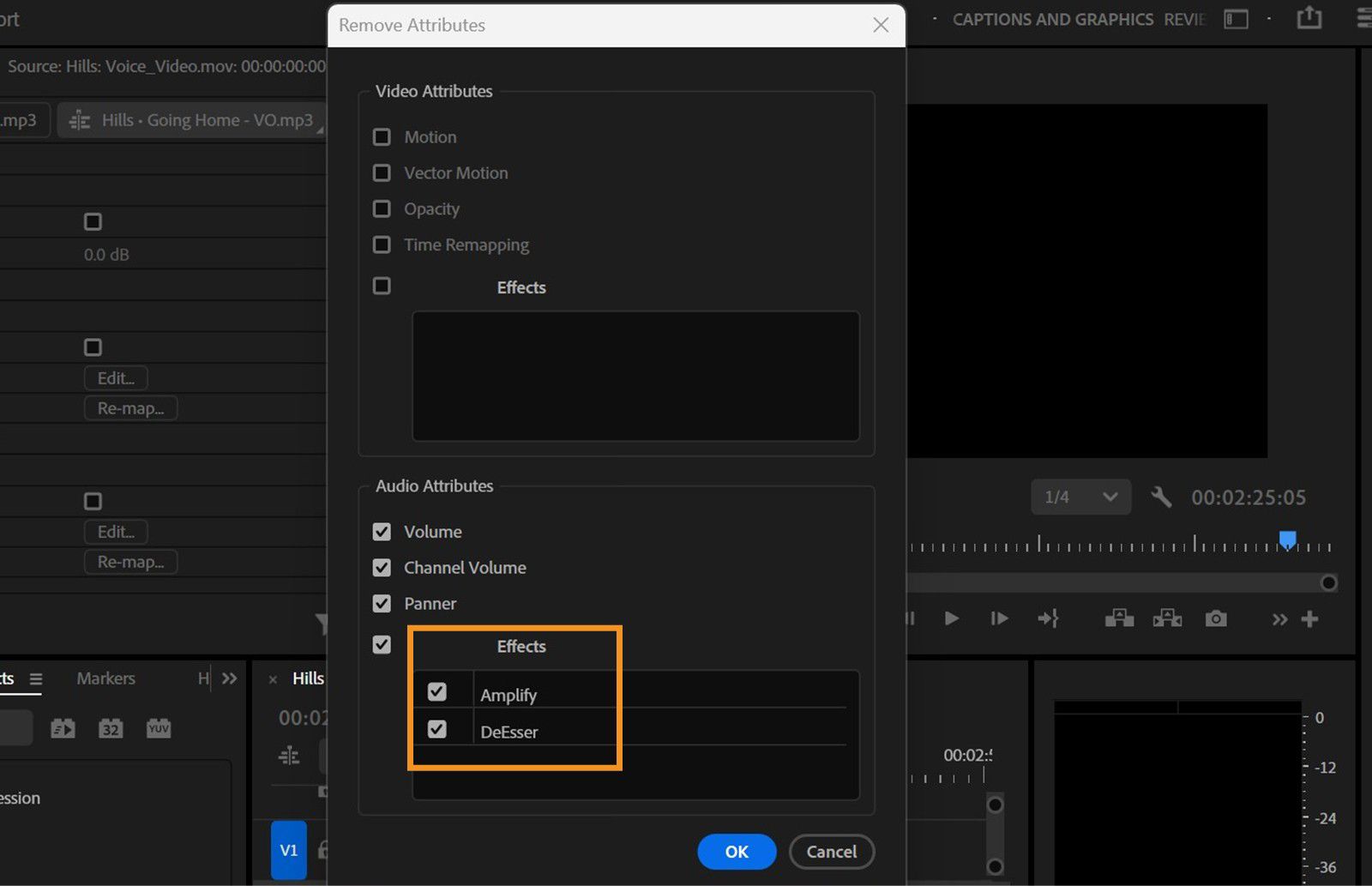 La finestra di dialogo Remove Attributes è aperta, con gli effetti selezionati contrassegnati per la rimozione nella sezione Effects.