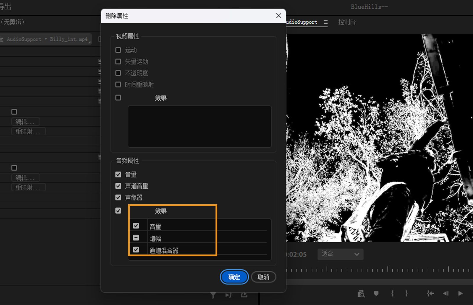 “移除属性”对话框已打开，效果部分中已标记待移除的选定效果。