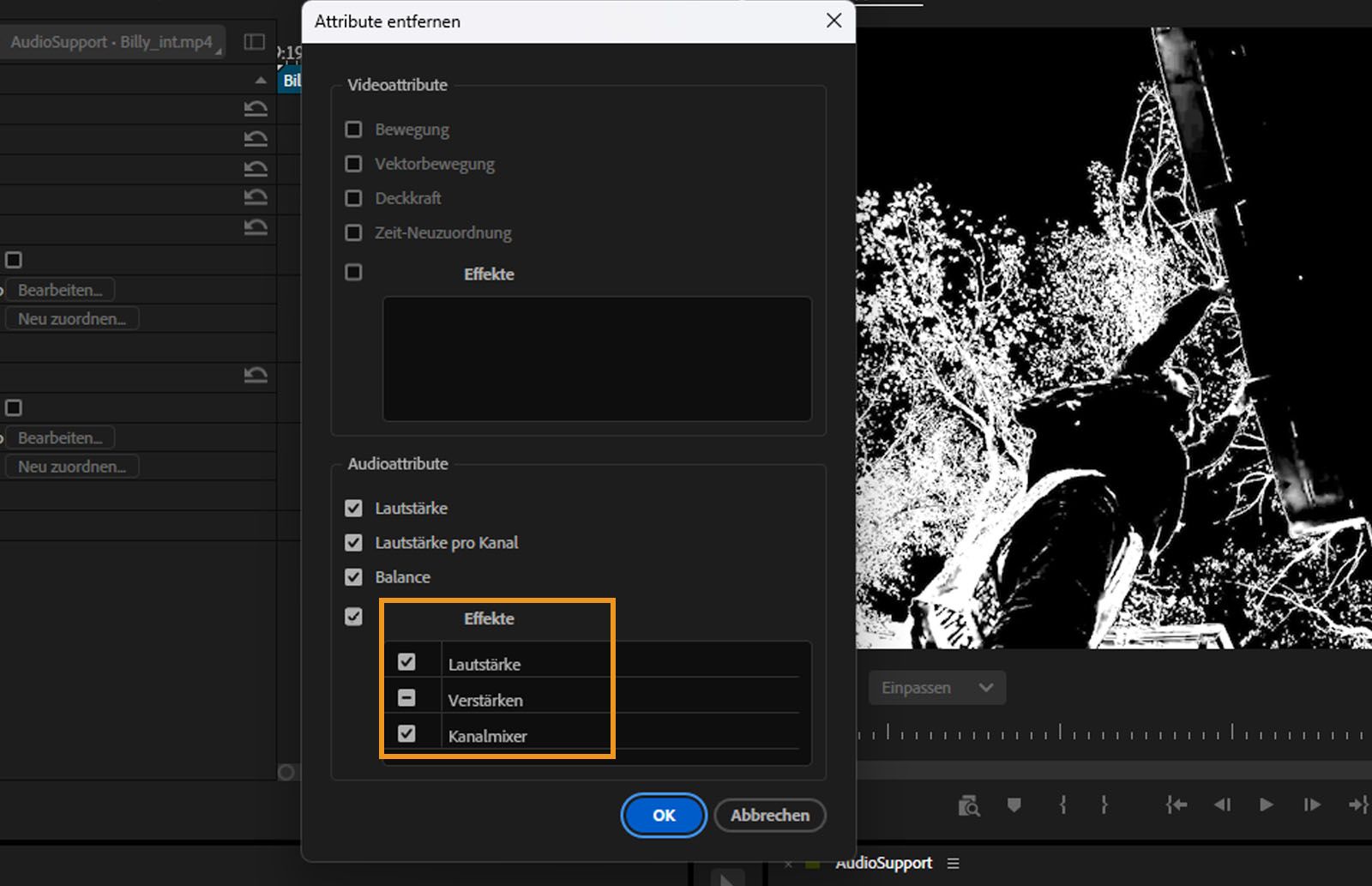 Das Dialogfeld „Attribute entfernen“ ist geöffnet, wobei ausgewählte Effekte im Abschnitt „Effekte“ zum Entfernen markiert sind.