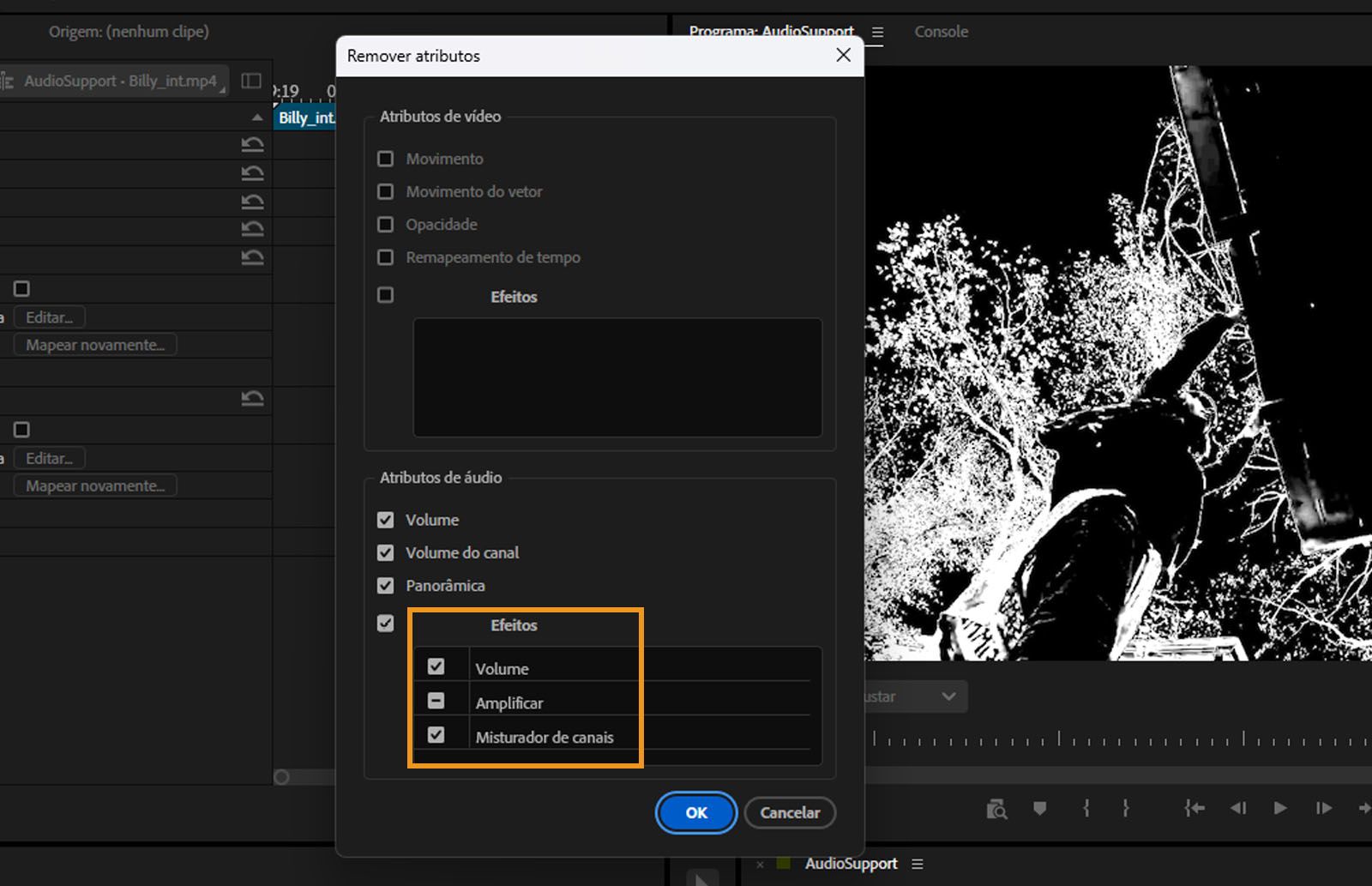 A caixa de diálogo Remover atributos é aberta, com os efeitos selecionados marcados para remoção na seção Efeitos.