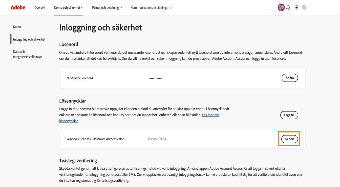 Knappen Ta bort, som finns till höger om informationen för din sparade lösenordsnyckel i avsnittet Nycklar, gör att du kan ta bort en sparad lösenordsnyckel från ditt konto.