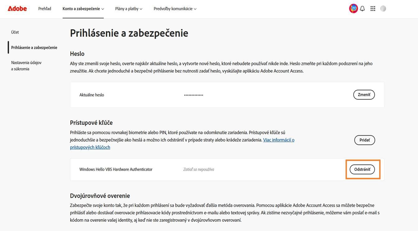 Tlačidlo Odstrániť, dostupné napravo od podrobností vášho uloženého prístupového kľúča v sekcii Prístupové kľúče, vám umožňuje odstrániť uložený prístupový kľúč z vášho konta.