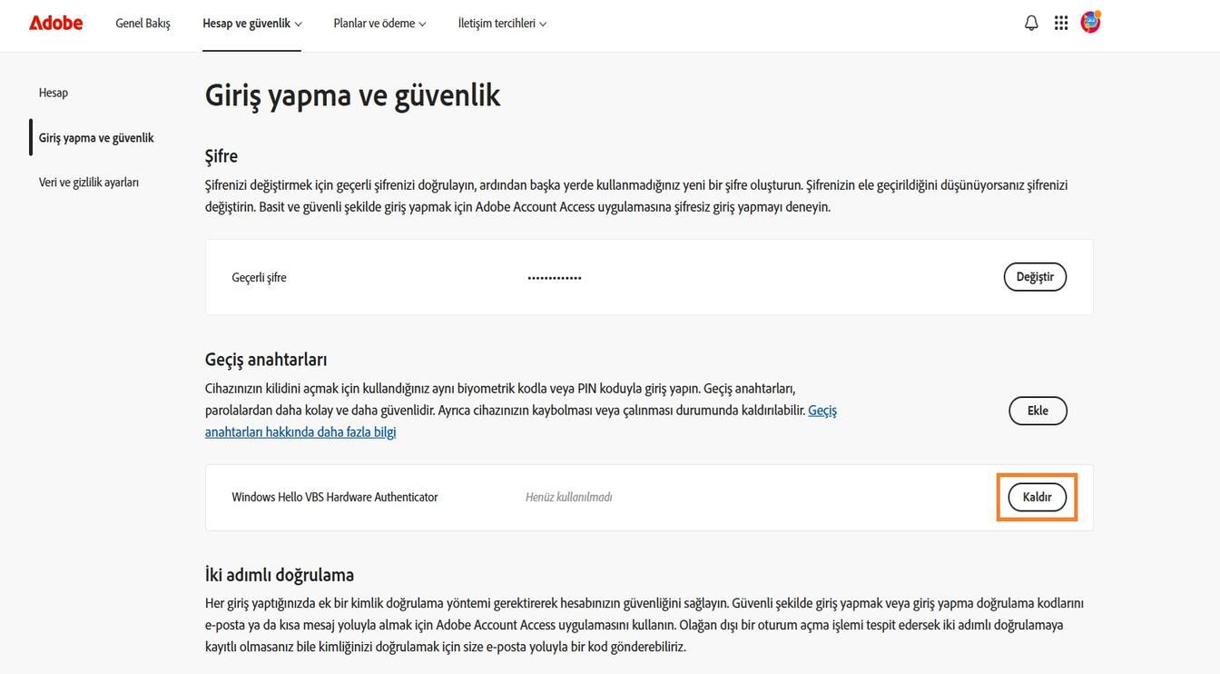 Geçiş Anahtarları bölümünde kayıtlı geçiş anahtarınızın ayrıntılarının sağında bulunan Kaldır düğmesi, kayıtlı bir geçiş anahtarını hesabınızdan kaldırmanızı sağlar.