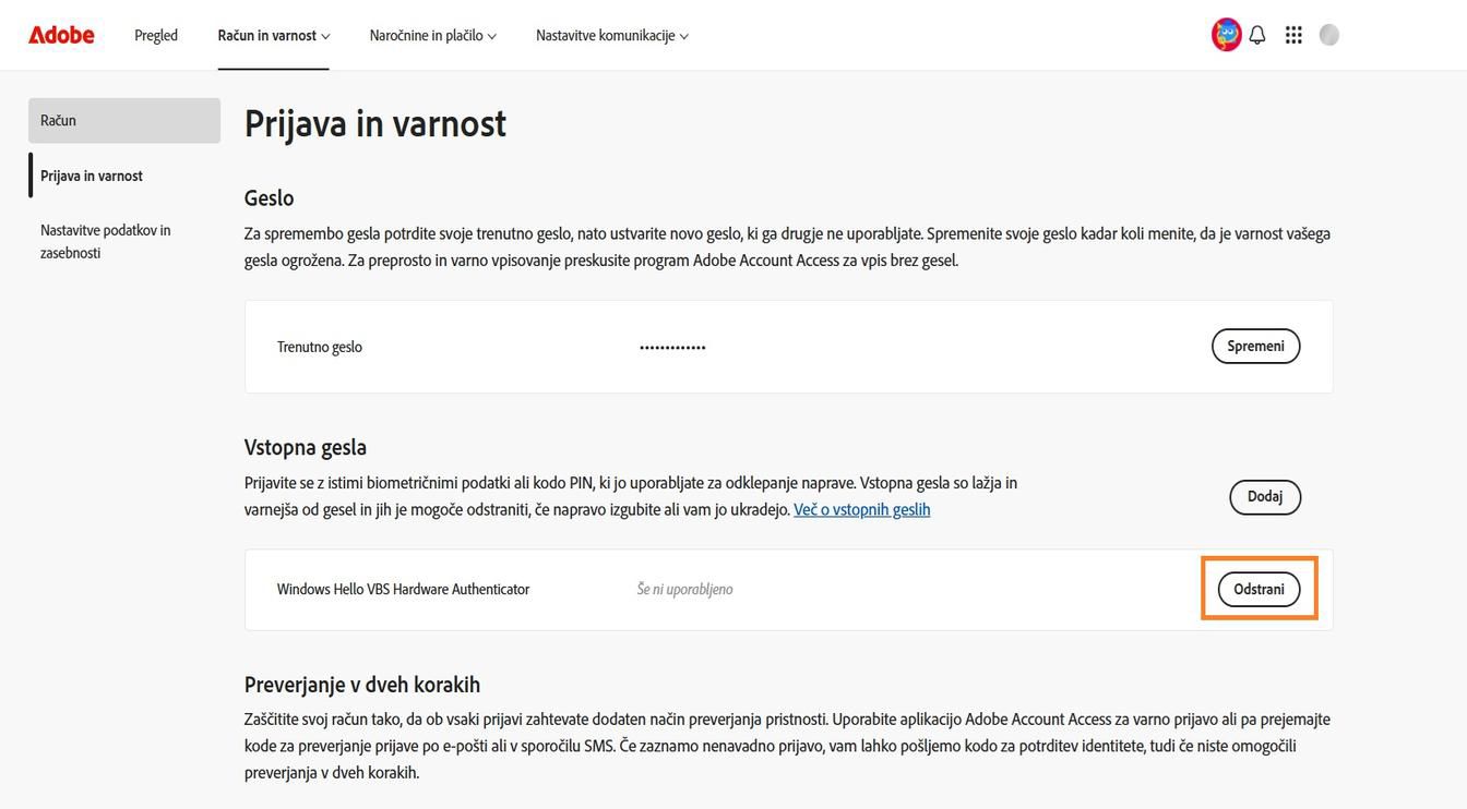 Gumb Odstrani, ki je na voljo desno od podrobnosti shranjenega ključa za dostop v razdelku Ključi za dostop, omogoča odstranitev shranjenega ključa za dostop iz računa.