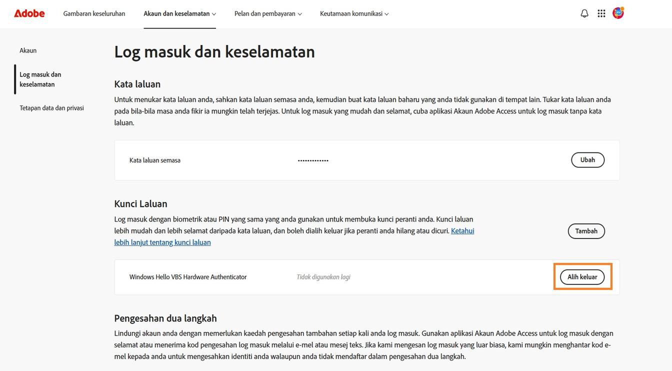 Butang Alih keluar, tersedia di sebelah kanan butiran kunci laluan yang disimpan dalam bahagian Kunci laluan, membolehkan anda mengalih keluar kunci laluan yang disimpan daripada akaun anda.