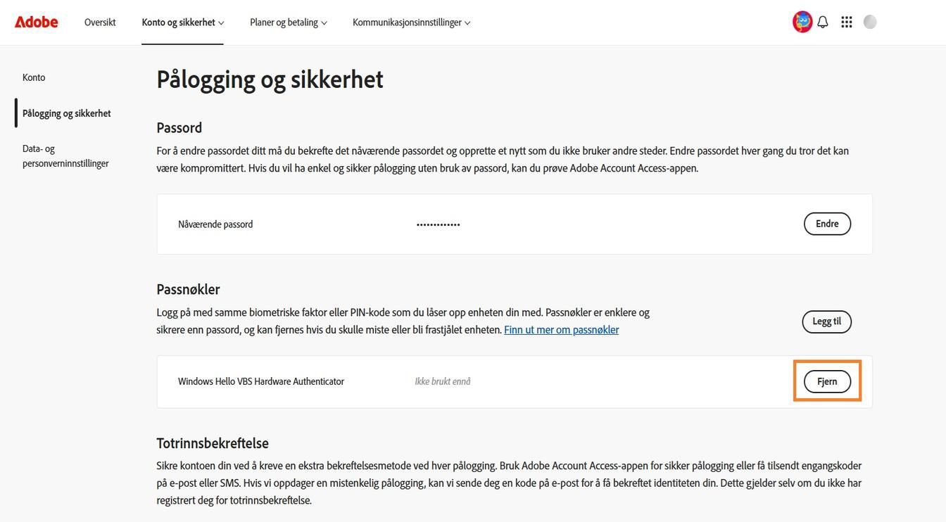 Fjern-knappen, som er tilgjengelig til høyre for detaljene om den lagrede tilgangsnøkkelen din i delen for tilgangsnøkler, lar deg fjerne en lagret tilgangsnøkkel fra kontoen din.