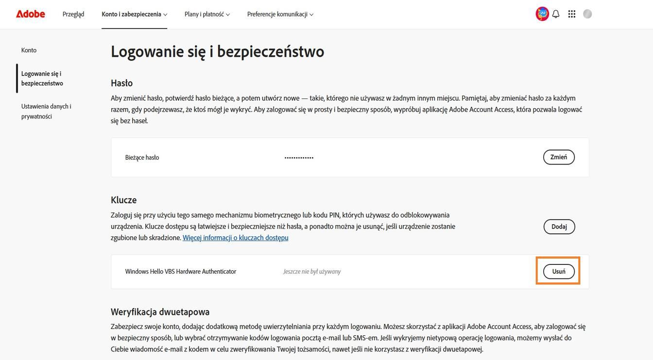 Przycisk Usuń, dostępny po prawej stronie szczegółów zapisanego klucza dostępu w sekcji Klucze dostępu, umożliwia usunięcie zapisanego klucza dostępu z konta.