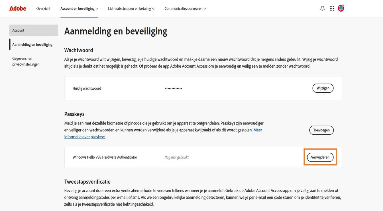 Met de knop Verwijderen, rechts van de details van je opgeslagen passkey in het gedeelte Passkeys, kun je een opgeslagen passkey uit je account verwijderen.