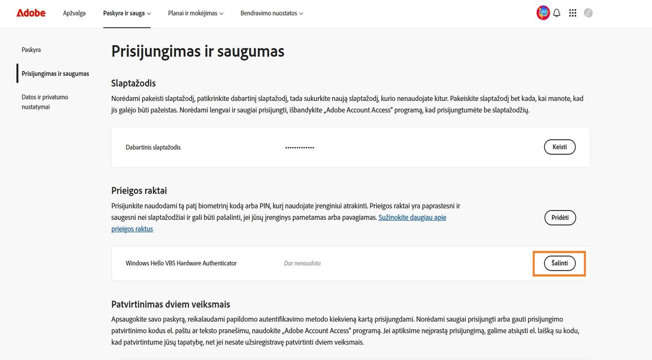 Mygtukas „Šalinti“, esantis skiltyje „Prieigos raktai“, išsaugoto prieigos rakto informacijos dešinėje, leidžia pašalinti išsaugotą prieigos raktą iš paskyros.