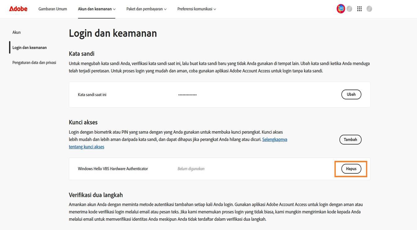 Tombol Hapus, yang tersedia di sebelah kanan detail kunci sandi tersimpan Anda di bagian Kunci Sandi, memungkinkan Anda menghapus kunci sandi tersimpan dari akun Anda.